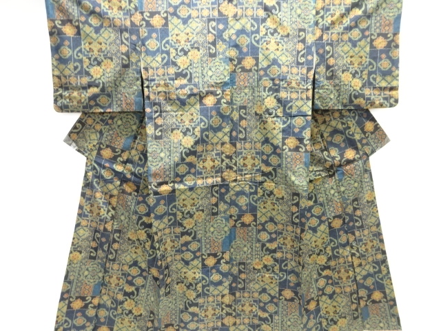 JAPANESE KIMONO / TSUMUGI / WOVEN FLOWER CREST & ARABESQUE FLOWER